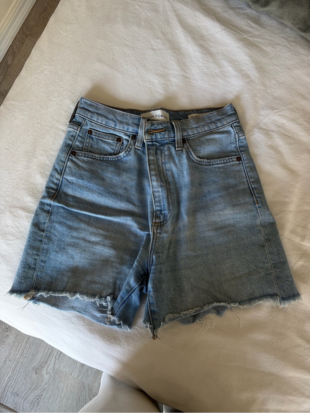 Denim Forum Mid Thigh Light Blue High-Rise Frayed Hem Jean Shorts